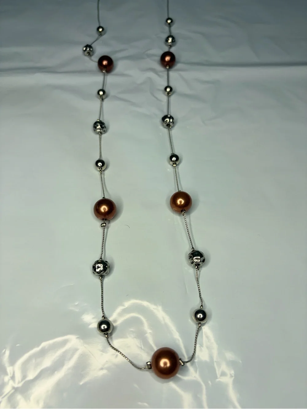 Women's Long Necklace with Copper Beads and Silver Accents